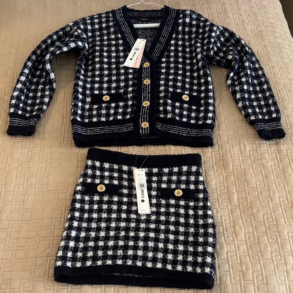 Aqua Navy and White Houndstooth Knit Cardigan